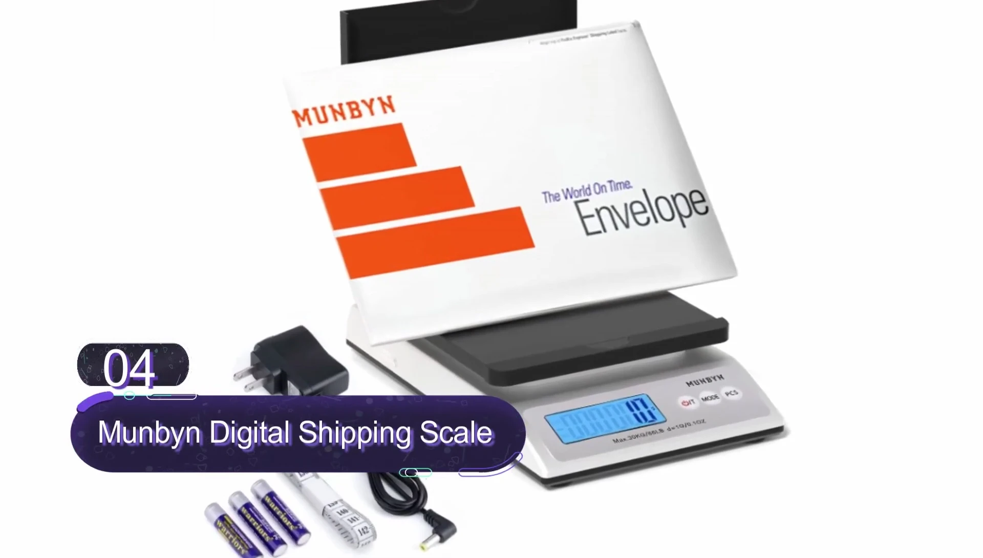 The scale's display showing various functions and weight.