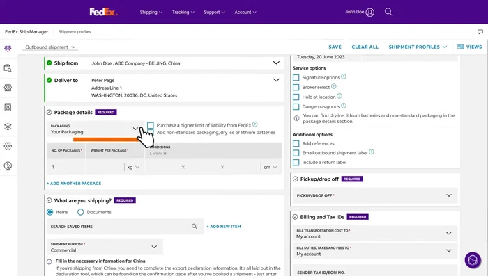 Specify package details: weight, dimensions, packaging type (FedEx packaging or your own), and contents (documents or items). For items, provide details including materials, usage, and customs declaration value if necessary. Use the harmonized code field for smooth customs clearance.