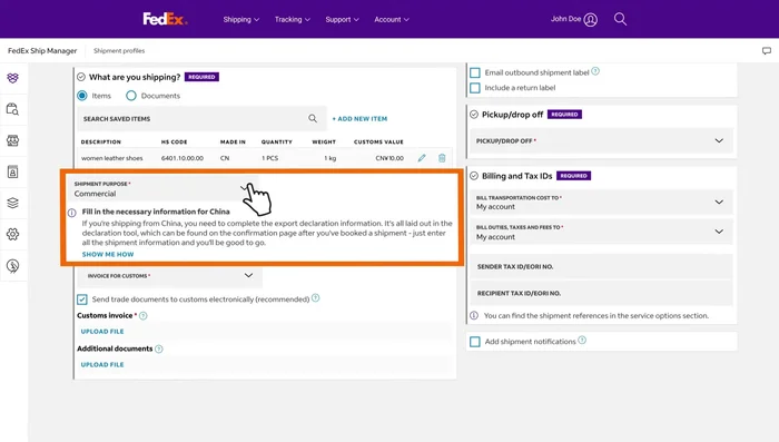 For commercial shipments, ensure you have a commercial invoice. FedEx Ship Manager will guide you through this process, and you can optionally create one online or upload an existing one.
