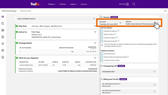 Select shipment date (up to 10 business days out), shipping service, and tendering method (e.g., schedule a pickup).
