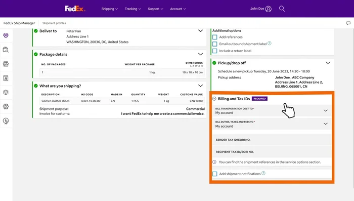 Select billing party (sender, recipient, or third party). If shipping to the EU, enter your EORI number in the tax ID field.