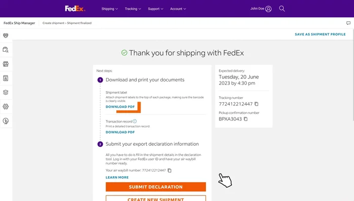 Download and print your shipping label from the 'thank you' page. Save a shipment profile for future similar shipments.
