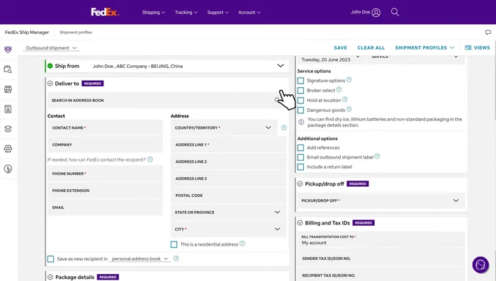 Enter sender information. Click the 'Ship From' module to expand, and check the box to 'Save as default shipper address' if desired.