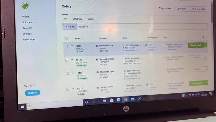 Select the order requiring a shipping label and press 'Create Label'.