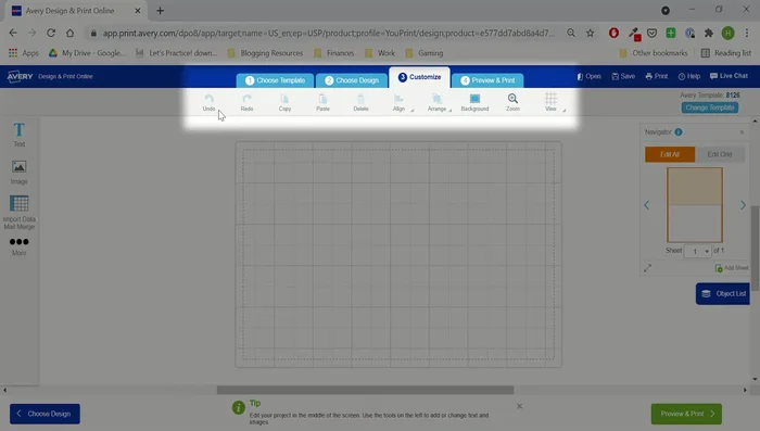 Add images from the Avery gallery or your computer using the 'images' menu.