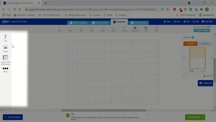 Add images from the Avery gallery or your computer using the 'images' menu.