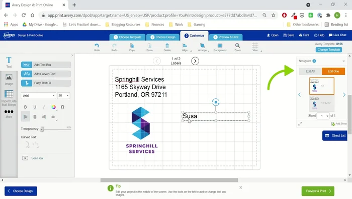 Switch to 'edit one' in the navigator to make individual changes to each label. Add addresses to the placeholders.