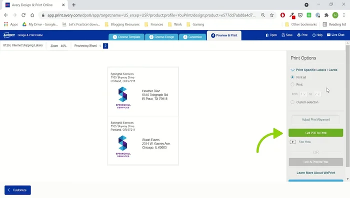 Click 'preview and print' to see the full page view, then click 'print it yourself and get pdf to print'. Save your project if desired.