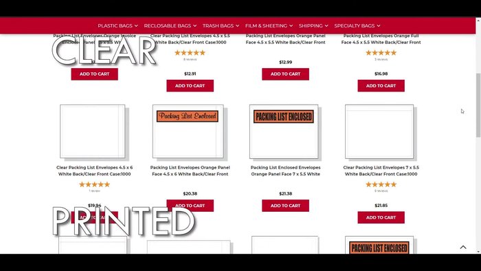 Choose the right size and style of envelope. Sizes range from 4.5 x 5.5 to 10 x 12 inches; clear or printed options are available.