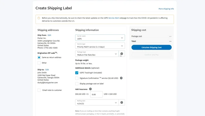 Choose options: tracking, signature confirmation, display postage cost on label, insurance.