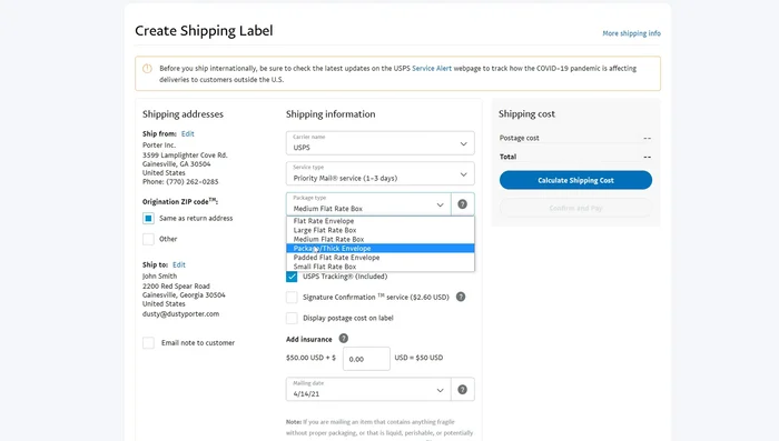 Choose options: tracking, signature confirmation, display postage cost on label, insurance.