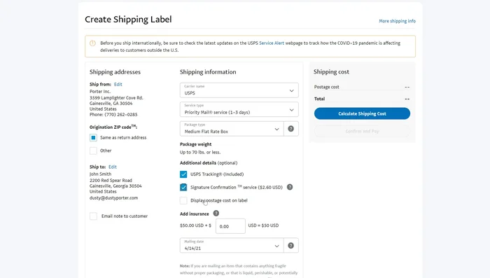 Choose options: tracking, signature confirmation, display postage cost on label, insurance.