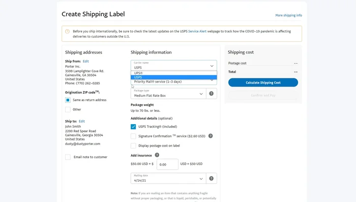 Choose options: tracking, signature confirmation, display postage cost on label, insurance.