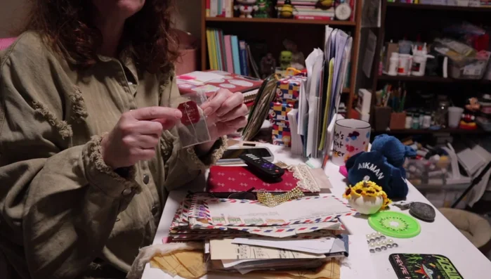 Attach the postage stamp to the little tab of the tea bag.