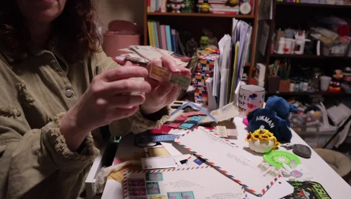 Arrange the stamps in a line.