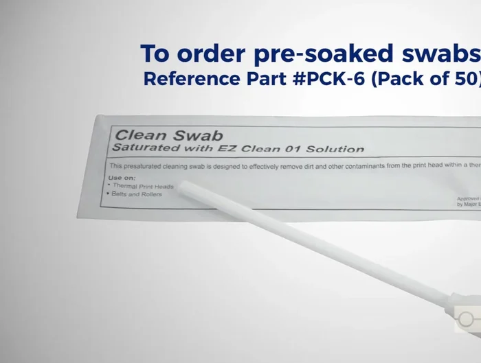 Use a cleaning swab (Brady PC k-6 recommended) to clean the printhead assembly, starting with the leading edge of the silver bar, then the green and glass surface. Remove any ink or adhesive residue.