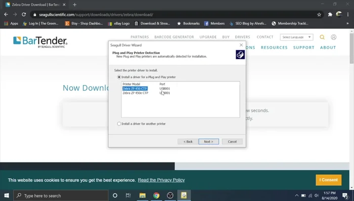 Select the ZP450 CTP USB from the detected devices.