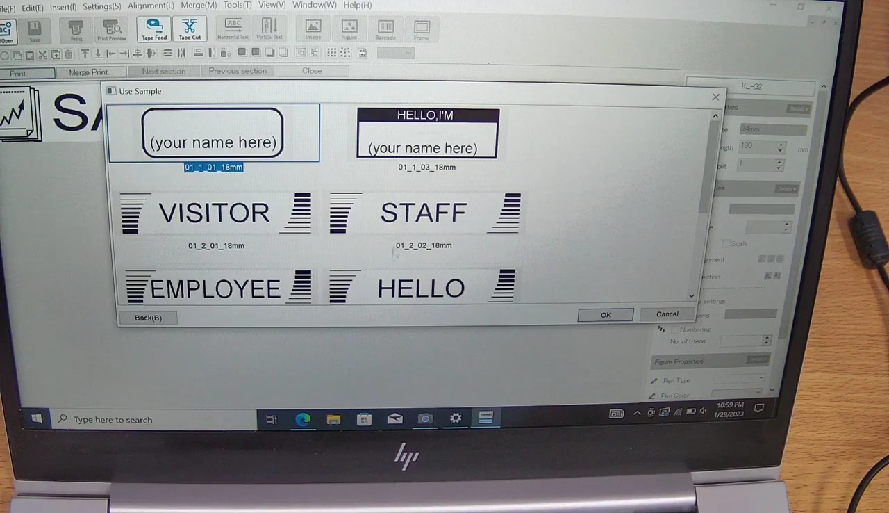 Selecting a sample label for test printing.