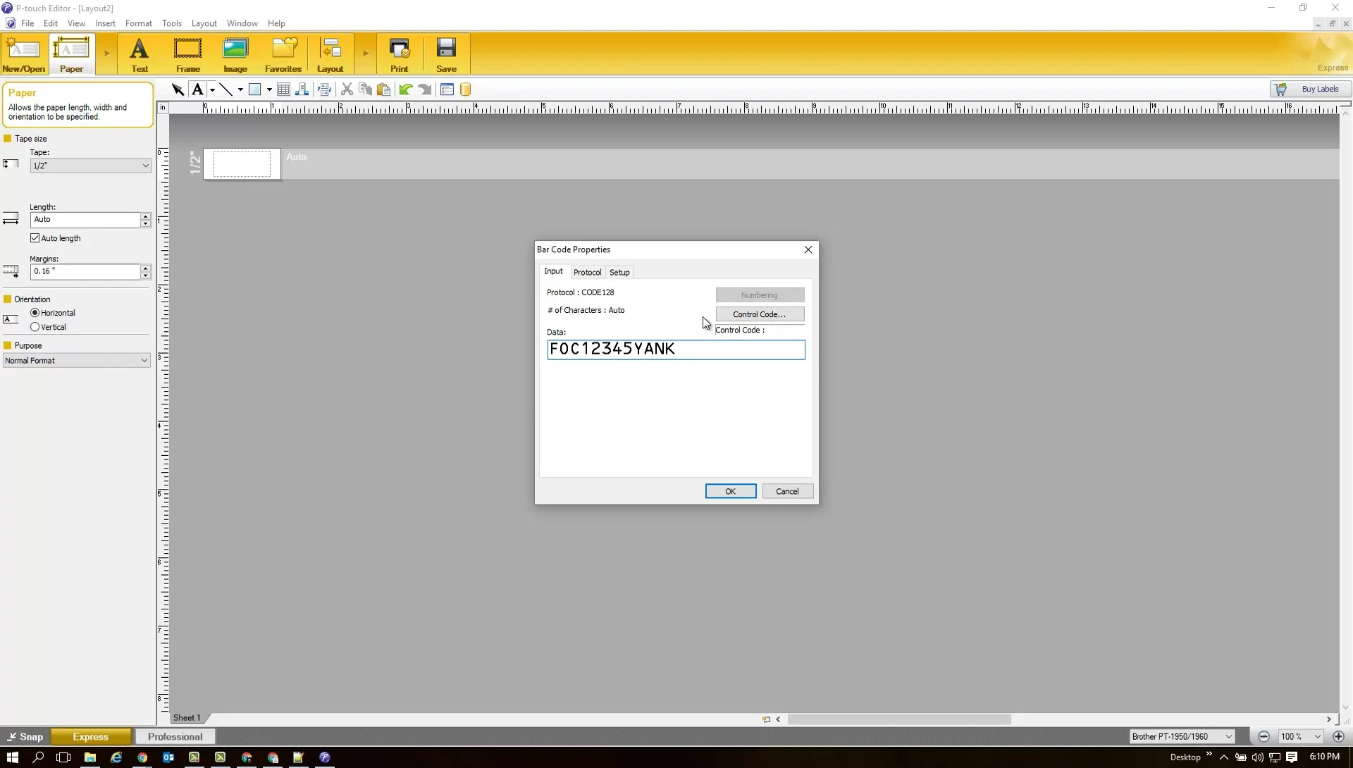 Screenshot showing the Code 128 selection in Pouch Editor.