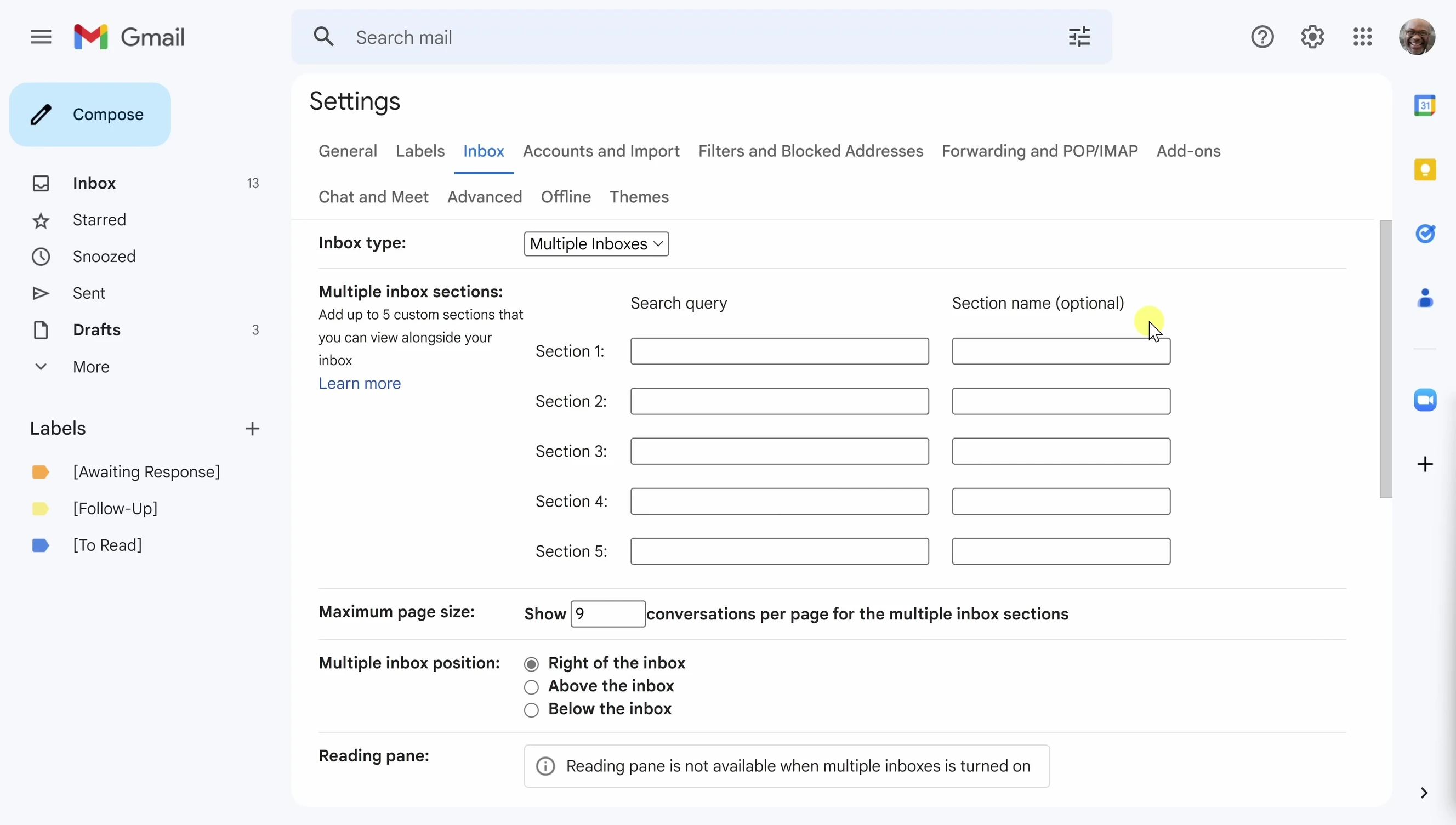 Screenshot of the Gmail Multiple Inboxes customization interface.