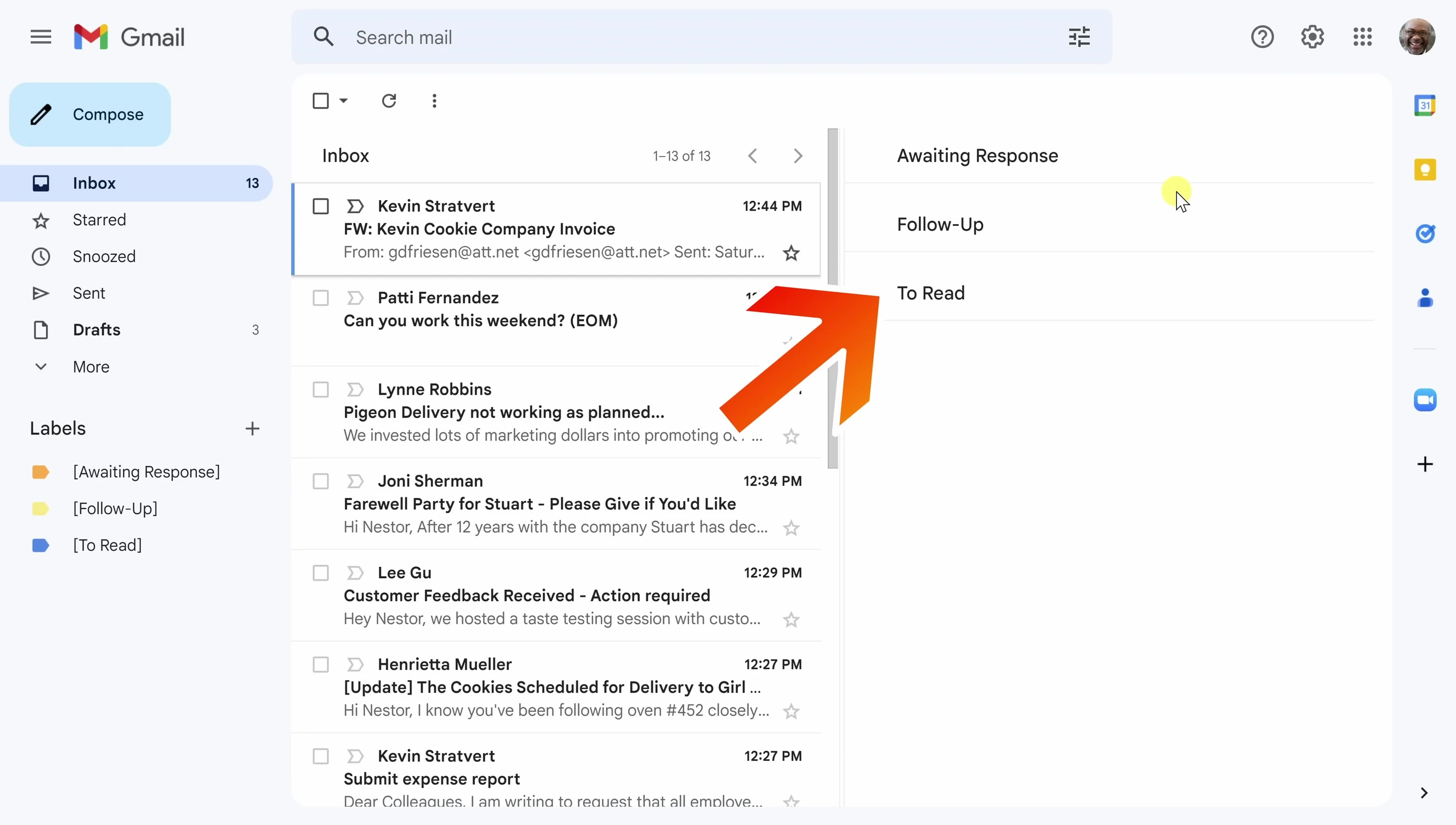 Screenshot showcasing the three categorized inboxes within Gmail.