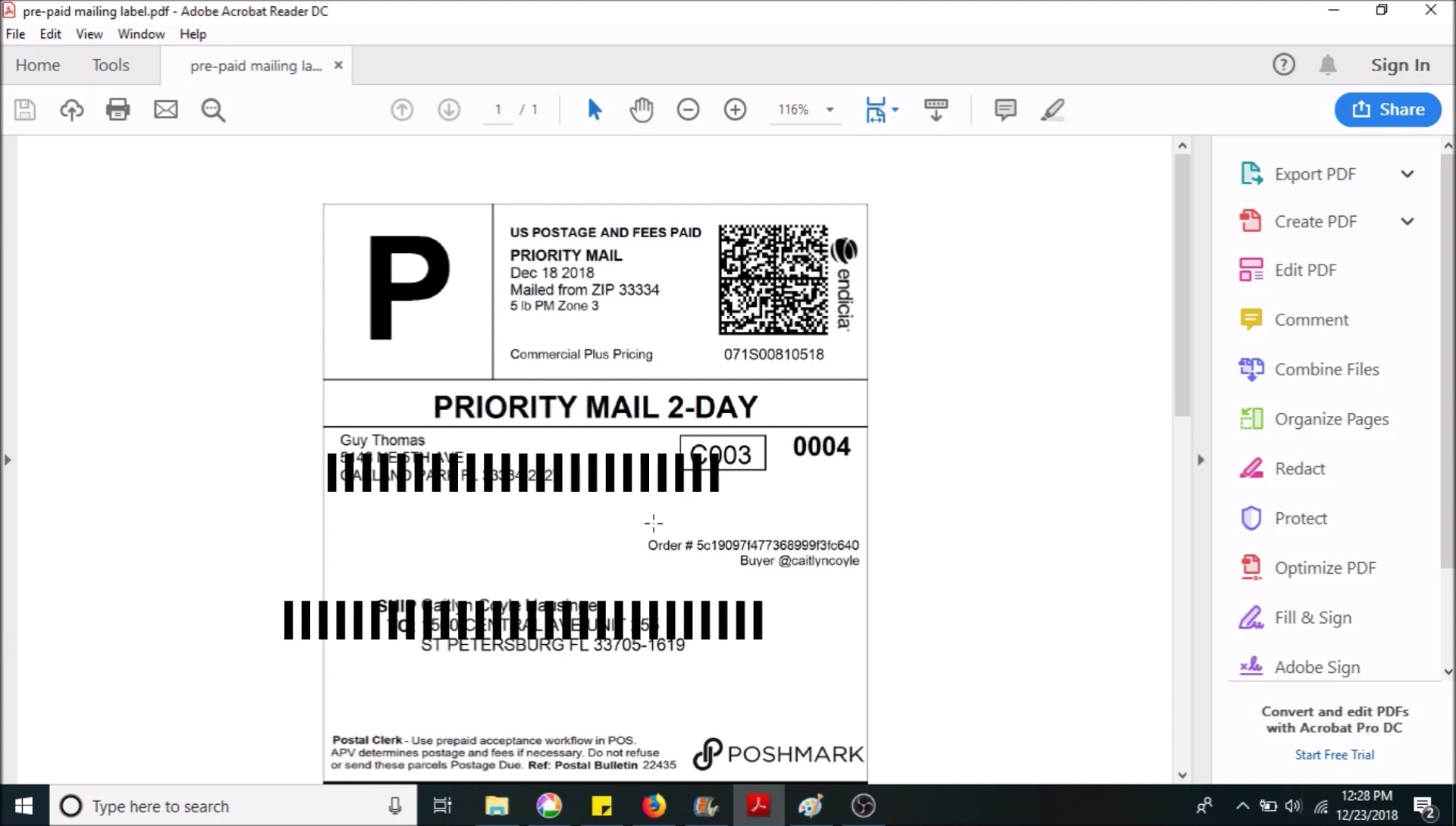 Screenshot showing the process of selecting and copying the label in Adobe Reader