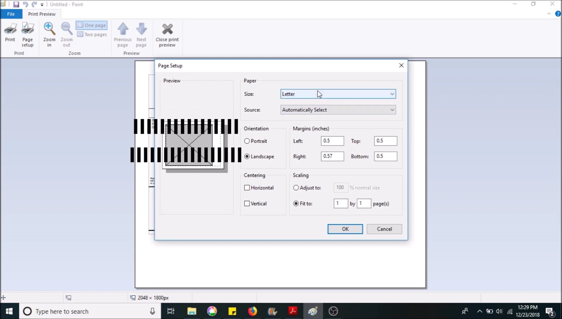 Screenshot showcasing the page setup options in Paint