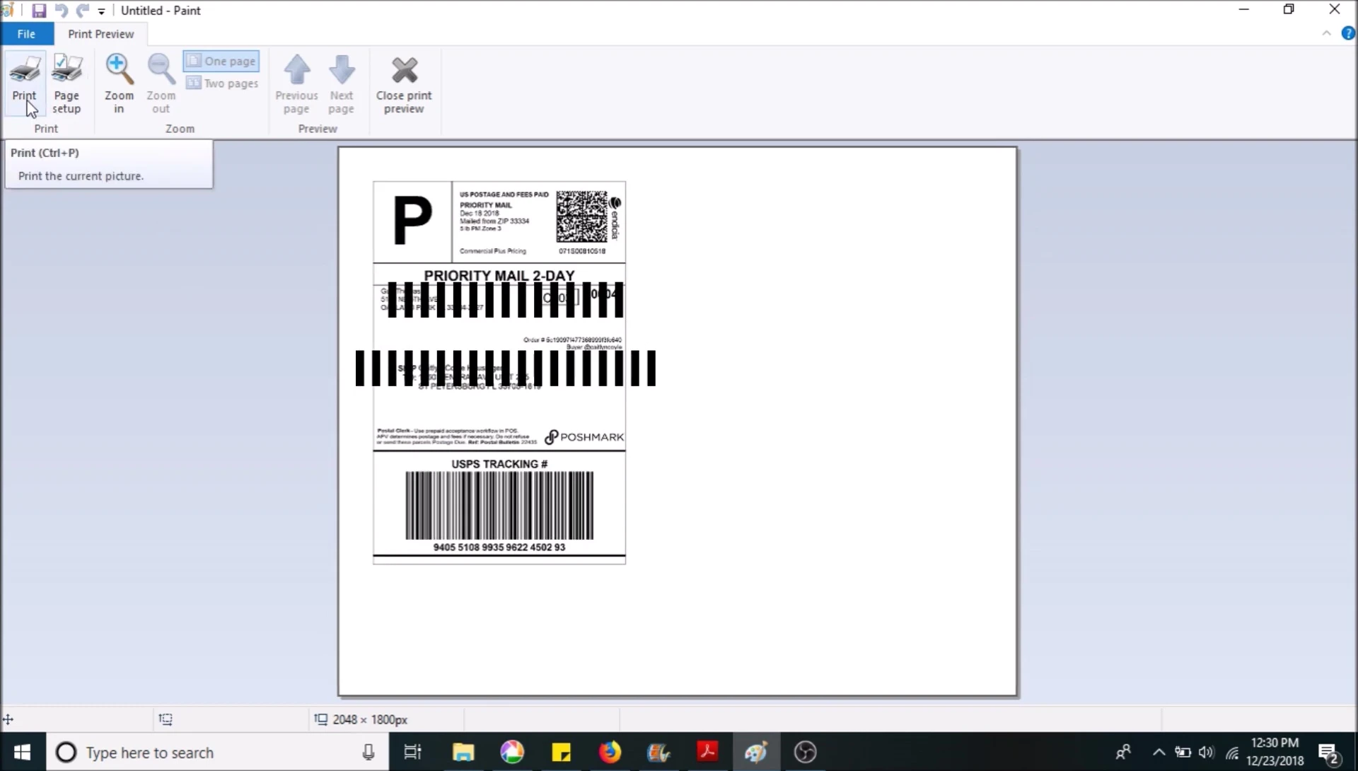 Screenshot showing the final print settings