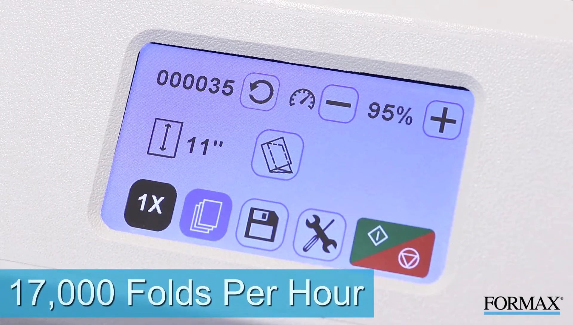 Screenshot showing the speed of the Formax FD38Xi document folder.