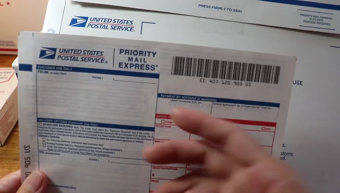 Select the correct label: Priority Mail Express uses white and blue labels; Priority Mail uses red and white labels.