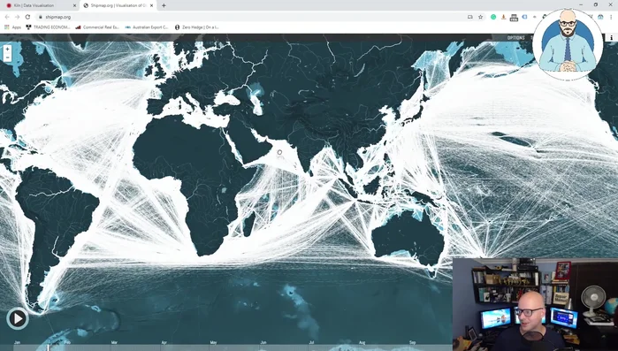 Visual demonstration of global shipping routes and the different types of ships (container, dry bulk, tanker, gas bulk, vehicle).