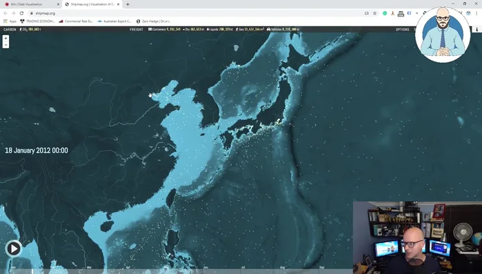 Visual demonstration of global shipping routes and the different types of ships (container, dry bulk, tanker, gas bulk, vehicle).