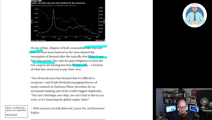 Discussion of reduced demand and its effect on shipping rates and the financial difficulties faced by shipping companies.