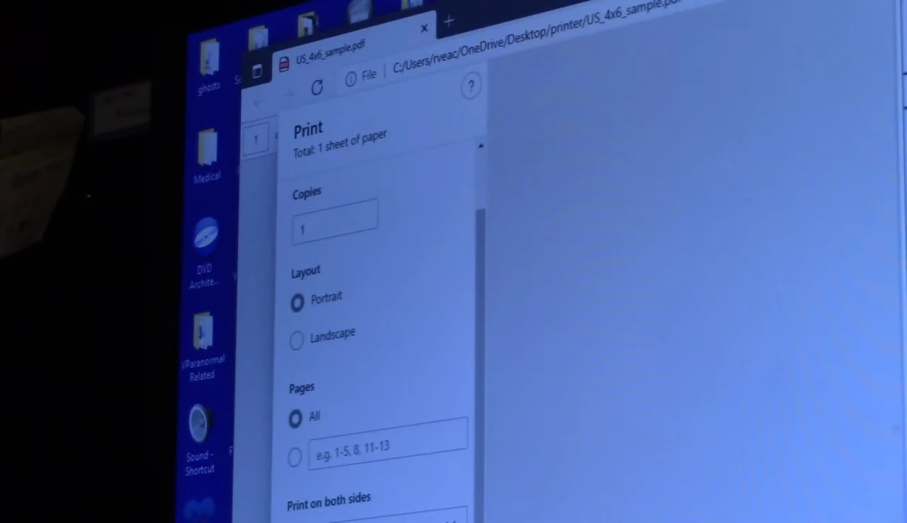 Screenshot of the printer settings showing the paper size selection