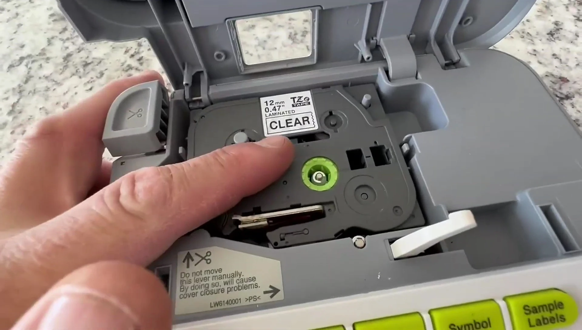The label maker with the clear cartridge installed.