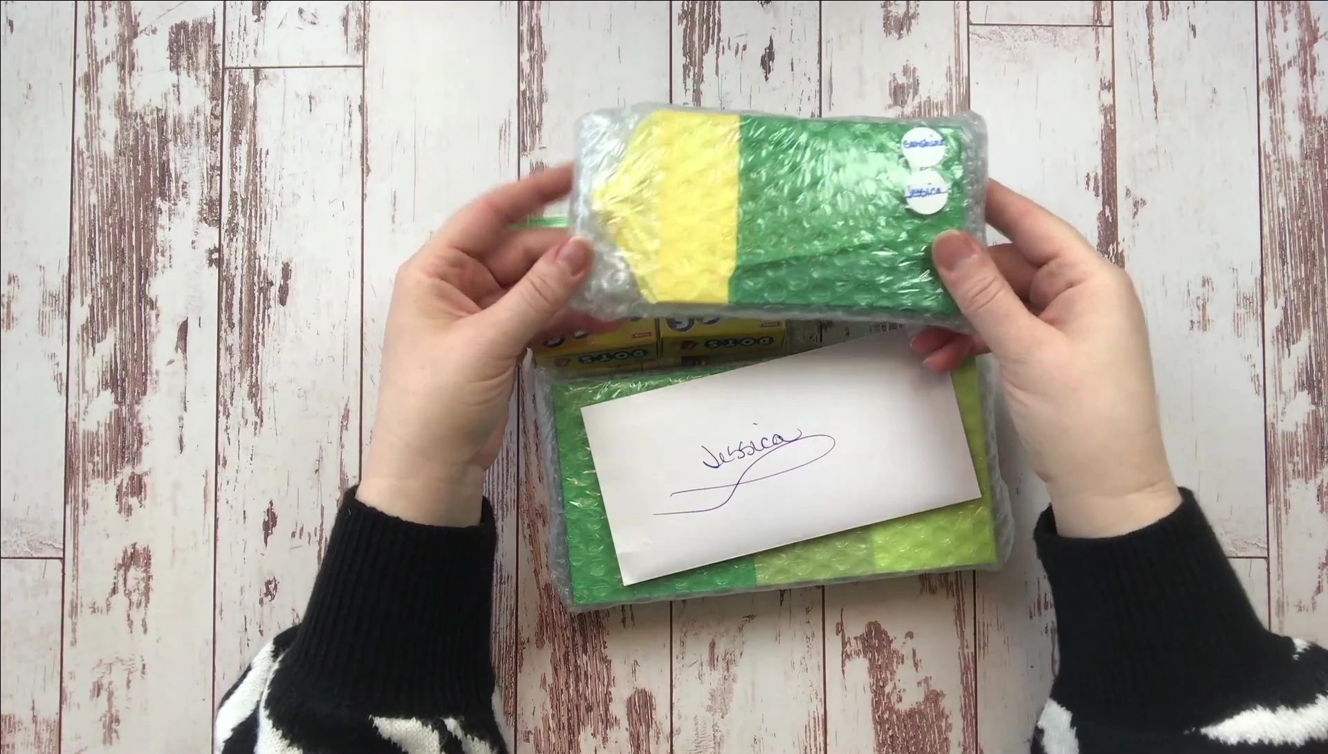 The happy mail package, with a handwritten note