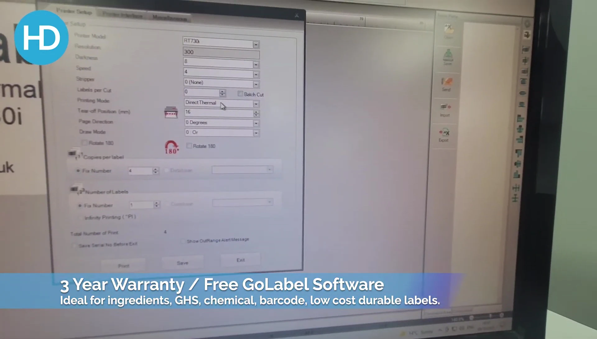 Screenshot showing the printing options menu, including direct thermal and thermal transfer.