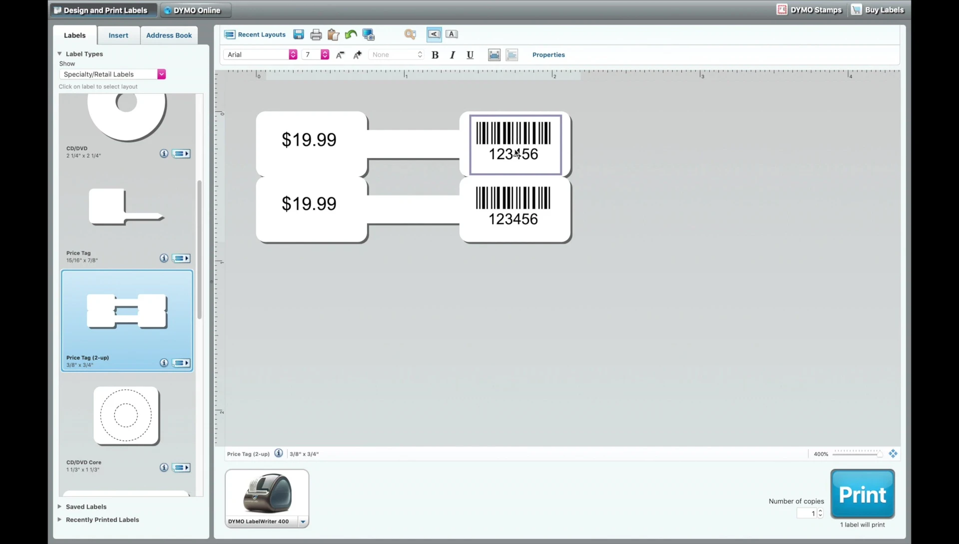 Barcode editing options in Dymo Software