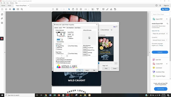 Adjust printer settings: Set the inter-label gap setting for sensor detection. Use horizontal offset (-0.05 inches) and top/bottom of form settings (+0.04 inches, -0.06 inches) to prevent ink bleeding onto the liner and achieve full bleed.