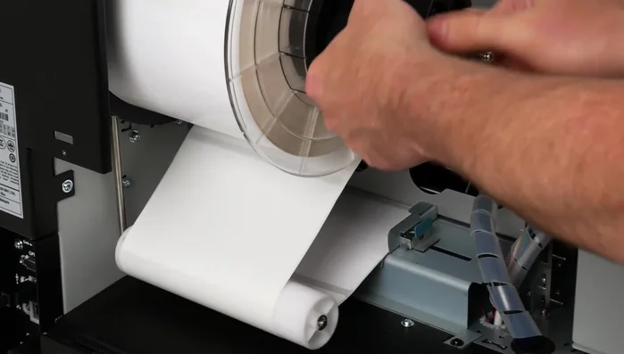 Adjust the guide to align the label stock for straight printing.