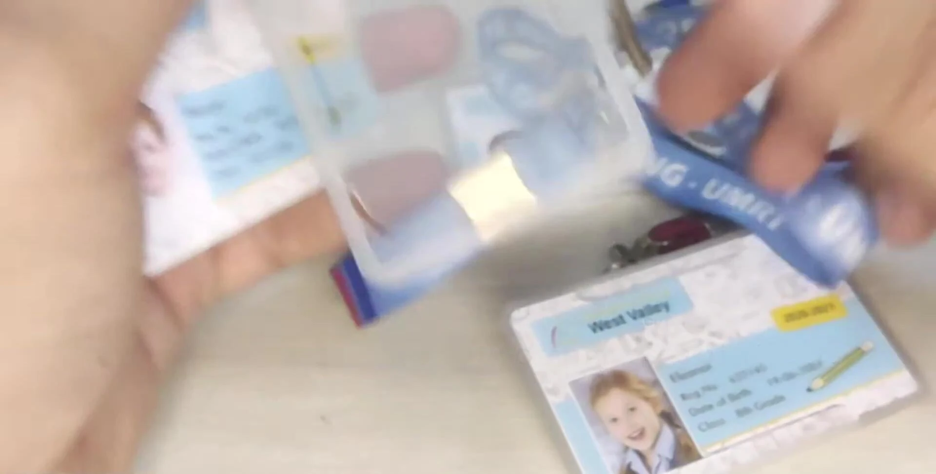 Close-up of PVC card holders and lanyards included in the solution